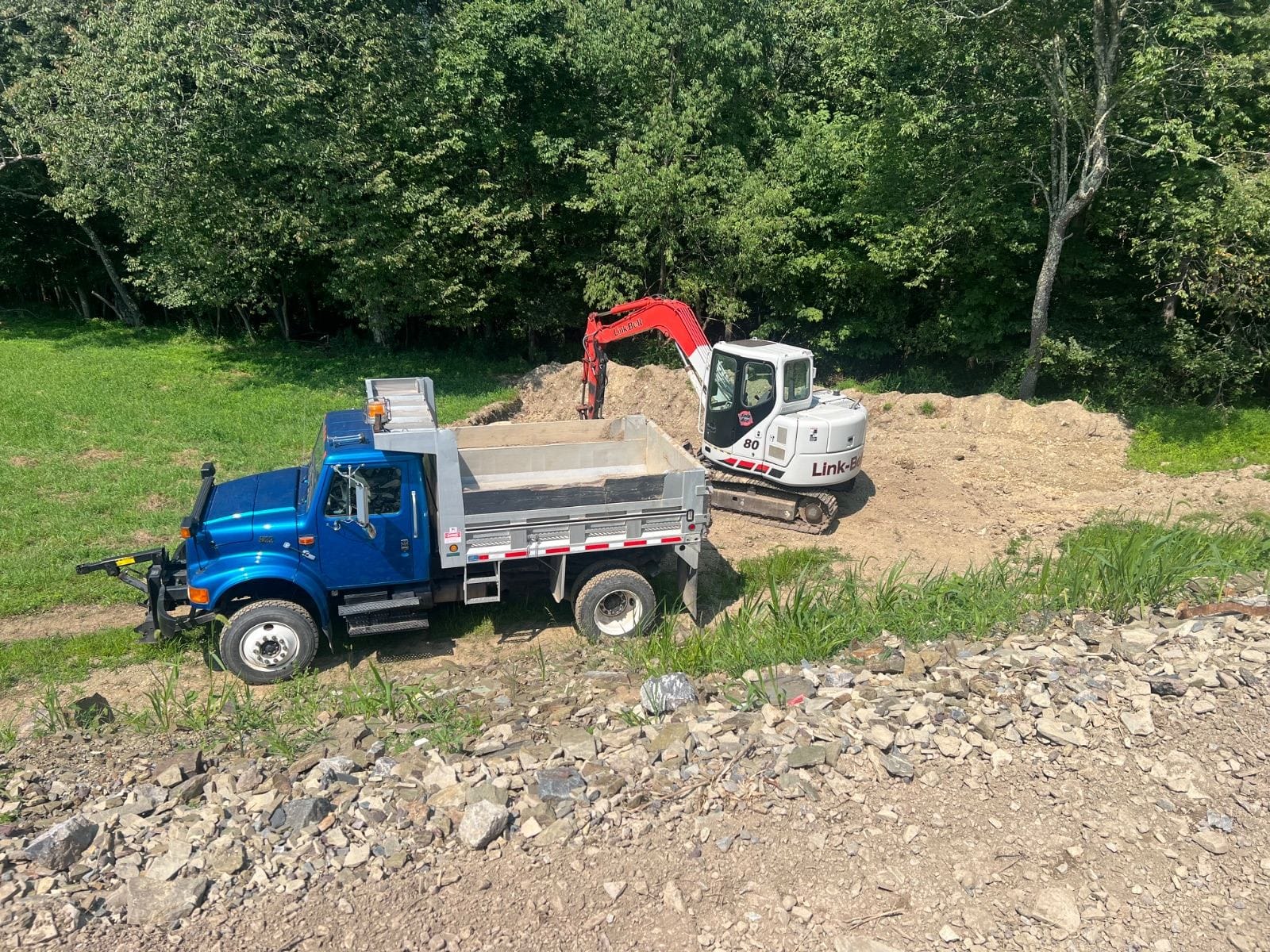 A mini excavator loading a dump truck at the edge of the woods.